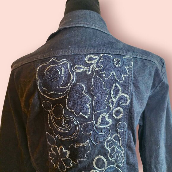 Chico's Platinum Dark Wash Denim Jacket embroidered beaded boho country western - Picture 6 of 9